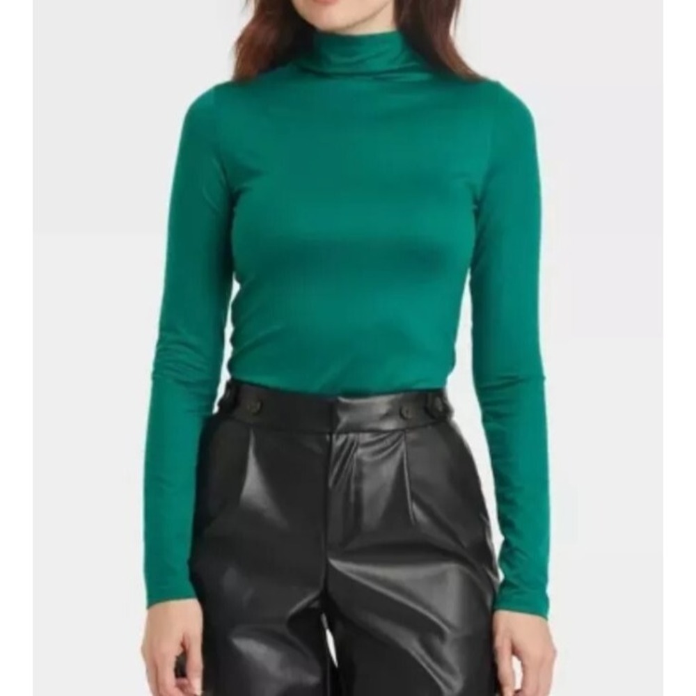 A New Day Women's T-Shirt Long Sleeve Ruched Mock Turtleneck Dark green Size S